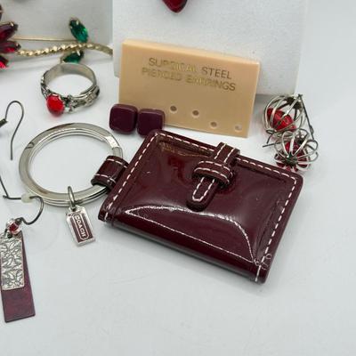 LOT 172J: Moody Reds: Mini Coach Leather Picture Frame, Necklaces, Pierced Earrings & More