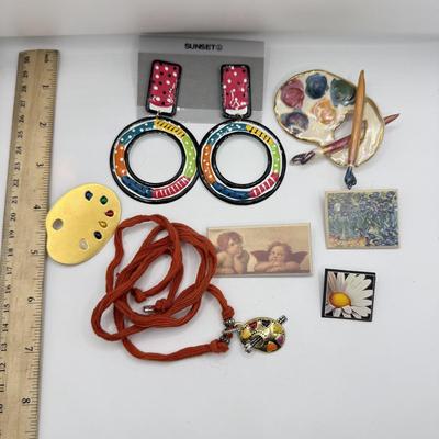 LOT 173J: Artist's Collection: Large Ceramic Paint Palette Pin, Pendant, Brooches & Sunset NWT Earrings
