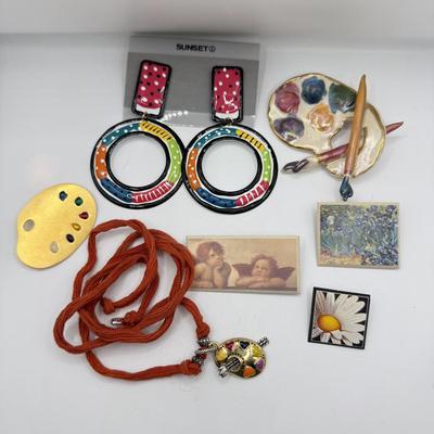 LOT 173J: Artist's Collection: Large Ceramic Paint Palette Pin, Pendant, Brooches & Sunset NWT Earrings