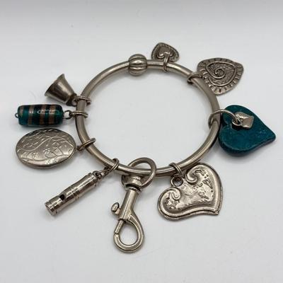 LOT 174J: Charm Bracelet full of Heart Charms, a Locket & Keychains