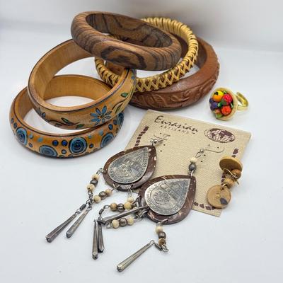 LOT 177J: Wooden Bangles, Fruit Bowl Ring, Eurasian Artisans Earrings & Small Wood Earrings