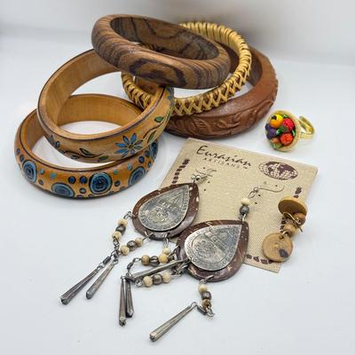LOT 177J: Wooden Bangles, Fruit Bowl Ring, Eurasian Artisans Earrings & Small Wood Earrings