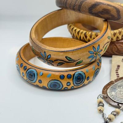 LOT 177J: Wooden Bangles, Fruit Bowl Ring, Eurasian Artisans Earrings & Small Wood Earrings