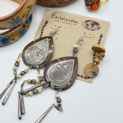 LOT 177J: Wooden Bangles, Fruit Bowl Ring, Eurasian Artisans Earrings & Small Wood Earrings