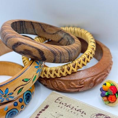 LOT 177J: Wooden Bangles, Fruit Bowl Ring, Eurasian Artisans Earrings & Small Wood Earrings