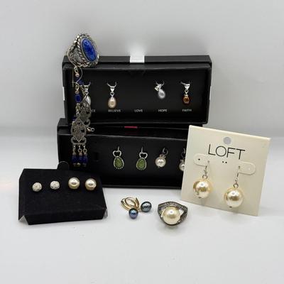 LOT 180: Charms, Large Blue Stone Ring, Loft "Pearl" Earrings & More