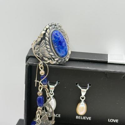 LOT 180: Charms, Large Blue Stone Ring, Loft "Pearl" Earrings & More