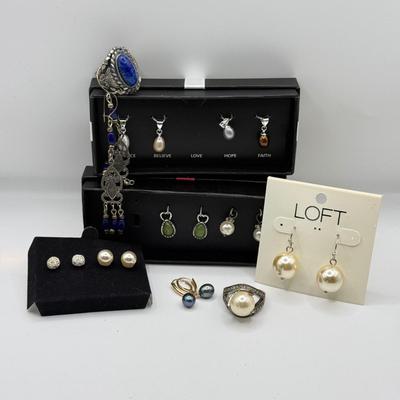 LOT 180: Charms, Large Blue Stone Ring, Loft "Pearl" Earrings & More