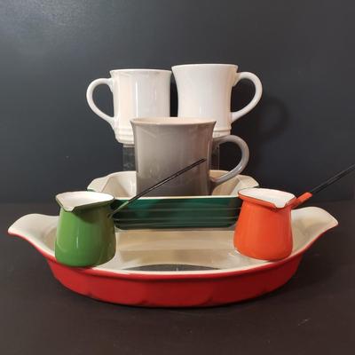 LOT 181K: Le Creuset Mugs, Stoneware Baking Dishes & Turkish Coffee Pourers