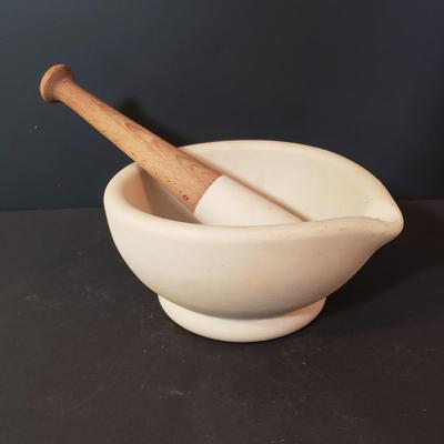 LOT 182K: Large Mortar & Pestle made in England with Stoneware Kitchen Necessities Assortment