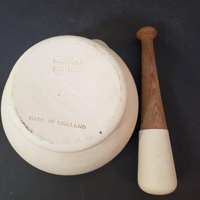 LOT 182K: Large Mortar & Pestle made in England with Stoneware Kitchen Necessities Assortment