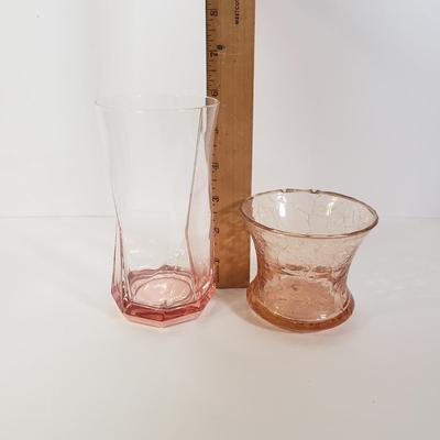 LOT 185K: Pink Depression Glass Decorative Bowl, Footed Dish, Stemware & More