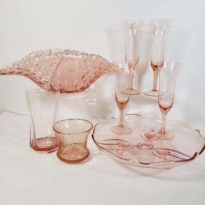 LOT 185K: Pink Depression Glass Decorative Bowl, Footed Dish, Stemware & More