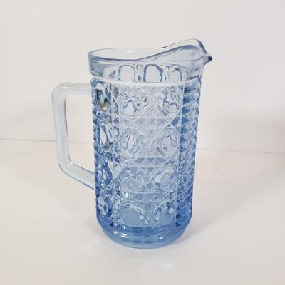 LOT 186K: Large Collection of Blue Glass-Moon & Stars, Button & Cane Patterns, Hand Blown Pitcher & More