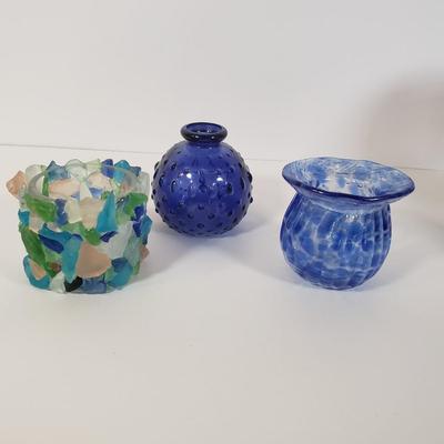 LOT 186K: Large Collection of Blue Glass-Moon & Stars, Button & Cane Patterns, Hand Blown Pitcher & More