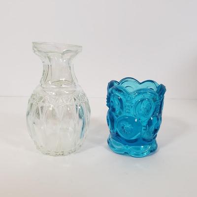 LOT 186K: Large Collection of Blue Glass-Moon & Stars, Button & Cane Patterns, Hand Blown Pitcher & More