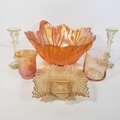 LOT 187K: Yellow West German Candlesticks, Large Iridescent Orange Bowl & More