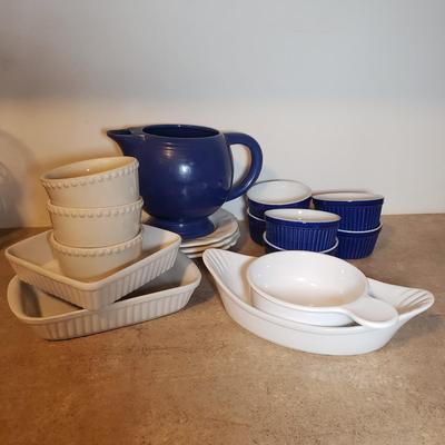 LOT 190K: Fiesta Blue Ice Lip Pitcher with Collection of Dishes & Bakeware