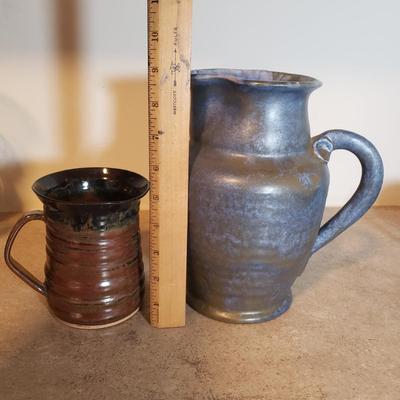LOT 191K: Art Pottery Pitcher with Collection of Mugs-Some Signed