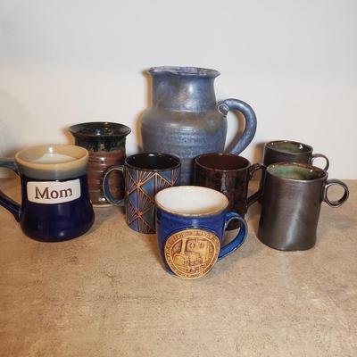 LOT 191K: Art Pottery Pitcher with Collection of Mugs-Some Signed