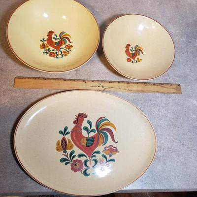 LOT 193K: Signed Hendersen Redware Pottery Mug with Vintage Rooster Dishes & Pitcher