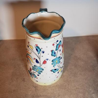 LOT 193K: Signed Hendersen Redware Pottery Mug with Vintage Rooster Dishes & Pitcher