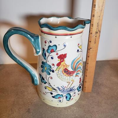 LOT 193K: Signed Hendersen Redware Pottery Mug with Vintage Rooster Dishes & Pitcher