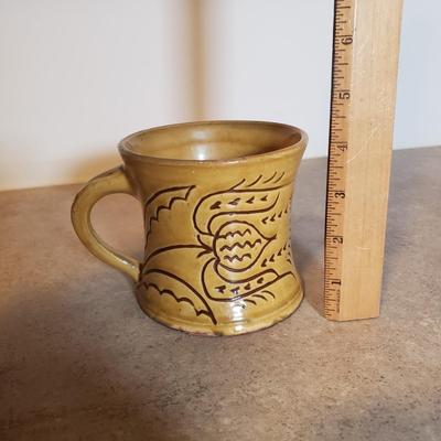 LOT 193K: Signed Hendersen Redware Pottery Mug with Vintage Rooster Dishes & Pitcher