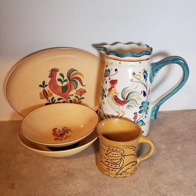 LOT 193K: Signed Hendersen Redware Pottery Mug with Vintage Rooster Dishes & Pitcher