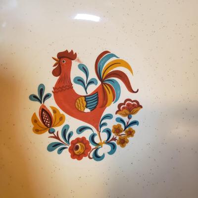 LOT 193K: Signed Hendersen Redware Pottery Mug with Vintage Rooster Dishes & Pitcher