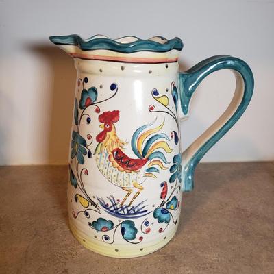 LOT 193K: Signed Hendersen Redware Pottery Mug with Vintage Rooster Dishes & Pitcher