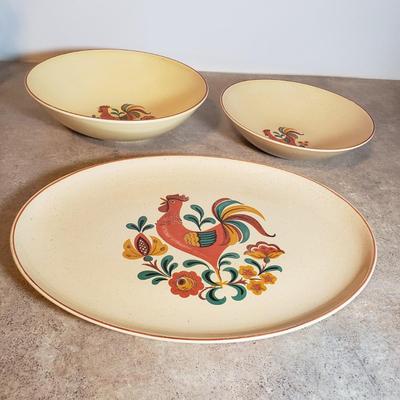 LOT 193K: Signed Hendersen Redware Pottery Mug with Vintage Rooster Dishes & Pitcher