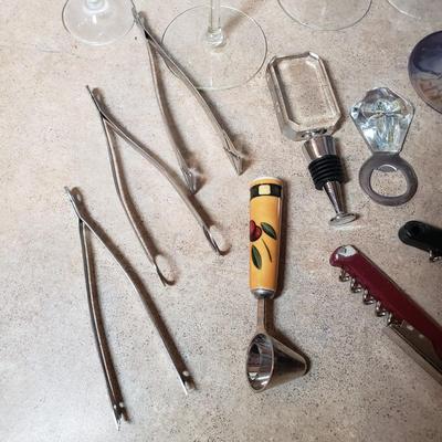 LOT 199K: Wine Glasses with Large Assortment of Wine & Barware Accessories