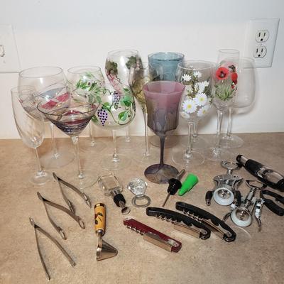 LOT 199K: Wine Glasses with Large Assortment of Wine & Barware Accessories