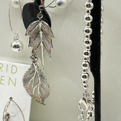 LOT 208J: Silvertone Jewelry: Coin Earrings, Tahari Necklace NIB, NWT Sigrid Olsen Pierced Earrings & More