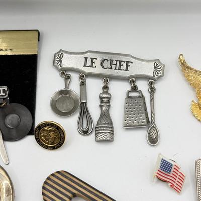 LOT 209J: Pin Collection: Woodward Gourmet, Goldtone Eagle, Le Chef & More