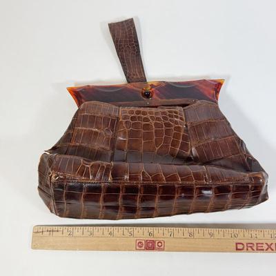 LOT 211L: Vintage Raina Brown "Crocodile" Leather Handbag w/ Tortoise Shell or Bakelite Opening (pre-1950s)