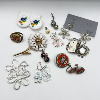 LOT 216J: Florals for Spring: Earrings, Pins, Ring & Cloisonne Bead Charms