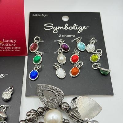 LOT 221J: Charm Bracelet w/ Hearts, 14k Gold Fill Charm Necklace & Pair of Charms & Symbolize Charm Sets