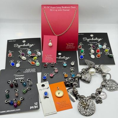 LOT 221J: Charm Bracelet w/ Hearts, 14k Gold Fill Charm Necklace & Pair of Charms & Symbolize Charm Sets