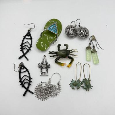 LOT 222J: Pewter Crab Cancer Zodiac Pendant, Large Flip Flop Pin, Crystal Earrings, Fish Earrings, Crab Earrings & More