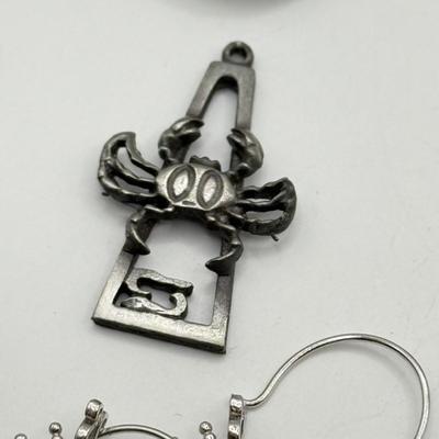 LOT 222J: Pewter Crab Cancer Zodiac Pendant, Large Flip Flop Pin, Crystal Earrings, Fish Earrings, Crab Earrings & More