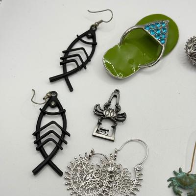 LOT 222J: Pewter Crab Cancer Zodiac Pendant, Large Flip Flop Pin, Crystal Earrings, Fish Earrings, Crab Earrings & More