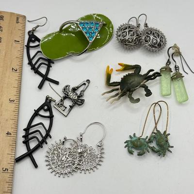 LOT 222J: Pewter Crab Cancer Zodiac Pendant, Large Flip Flop Pin, Crystal Earrings, Fish Earrings, Crab Earrings & More