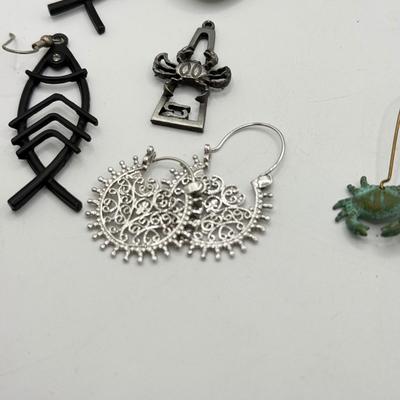 LOT 222J: Pewter Crab Cancer Zodiac Pendant, Large Flip Flop Pin, Crystal Earrings, Fish Earrings, Crab Earrings & More