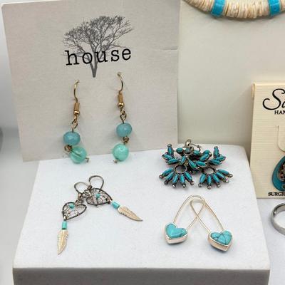 LOT 224J: Turquoise & Shell NEcklace, New House & Silver Forest Pierced Earrings, Turquoise Heart Earrings, Dream Catcher...