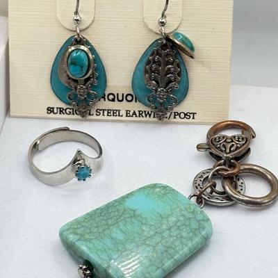 LOT 224J: Turquoise & Shell NEcklace, New House & Silver Forest Pierced Earrings, Turquoise Heart Earrings, Dream Catcher...
