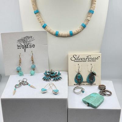 LOT 224J: Turquoise & Shell NEcklace, New House & Silver Forest Pierced Earrings, Turquoise Heart Earrings, Dream Catcher...