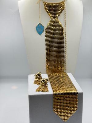 LOT 225J: Vintage Whiting & Davis Goldtone Mesh Tie Necklace w/ Matching Earrings