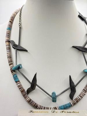 LOT 227J: Turquoise Necklaces, New Tribal Earrings & More featuring a Zuni-style heishi fetish necklace featuring bird carvings